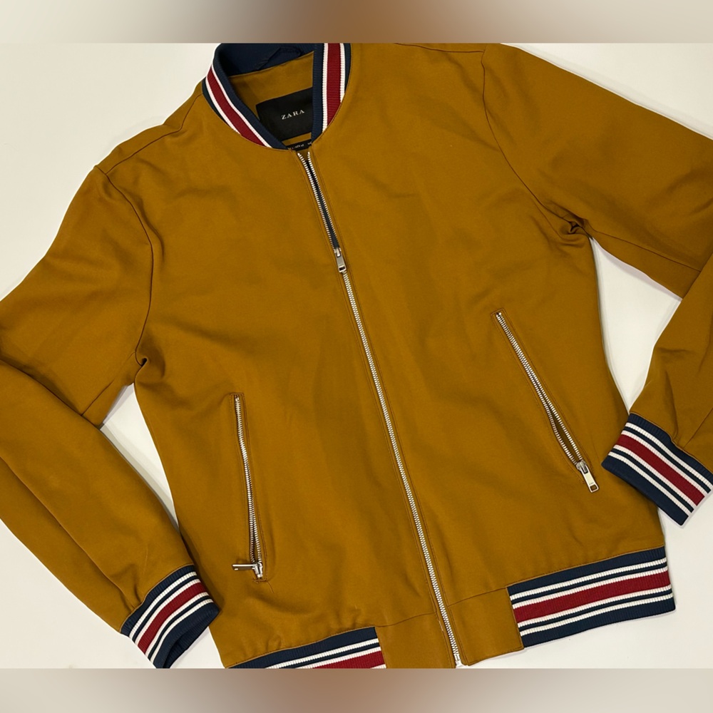 Zara Mustard Varsity Bomber Jacket with Striped Trim
